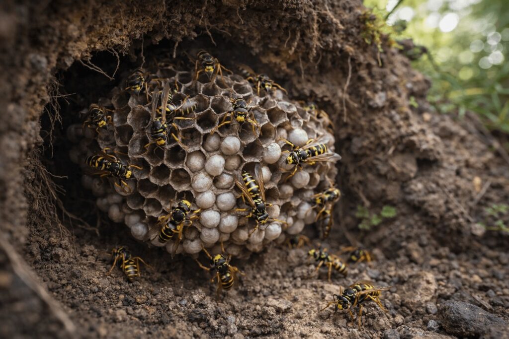 Német darázs (Vespula germanica) föld alatti fészek, nyitott lépek és fehér bábkupakok közelről