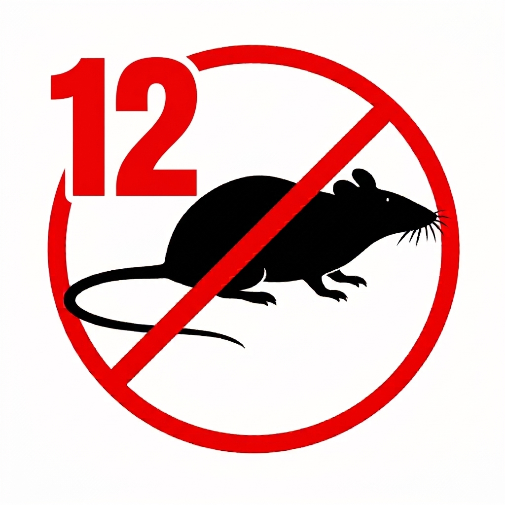 Patkányirtás 12. kerület piktogram, áthúzott patkány sziluett a tizenkettes számmal