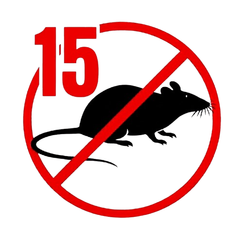 Patkányirtás 15. kerület piktogram, áthúzott patkány sziluett a 15-os számmal